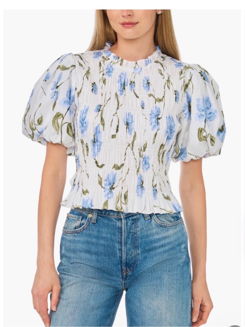 Ted Baker White Floral Smocked Blouse with Blue Blossoms - NWT